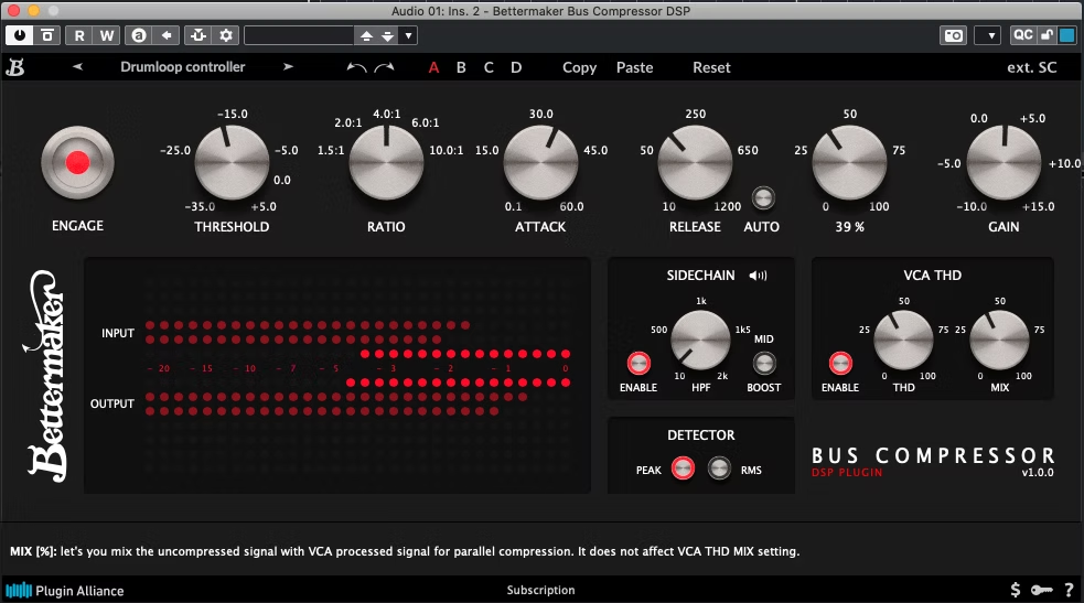 Interface du Bettermaker Bus Compressor utilisé au studio de mastering Osmuse à Paris